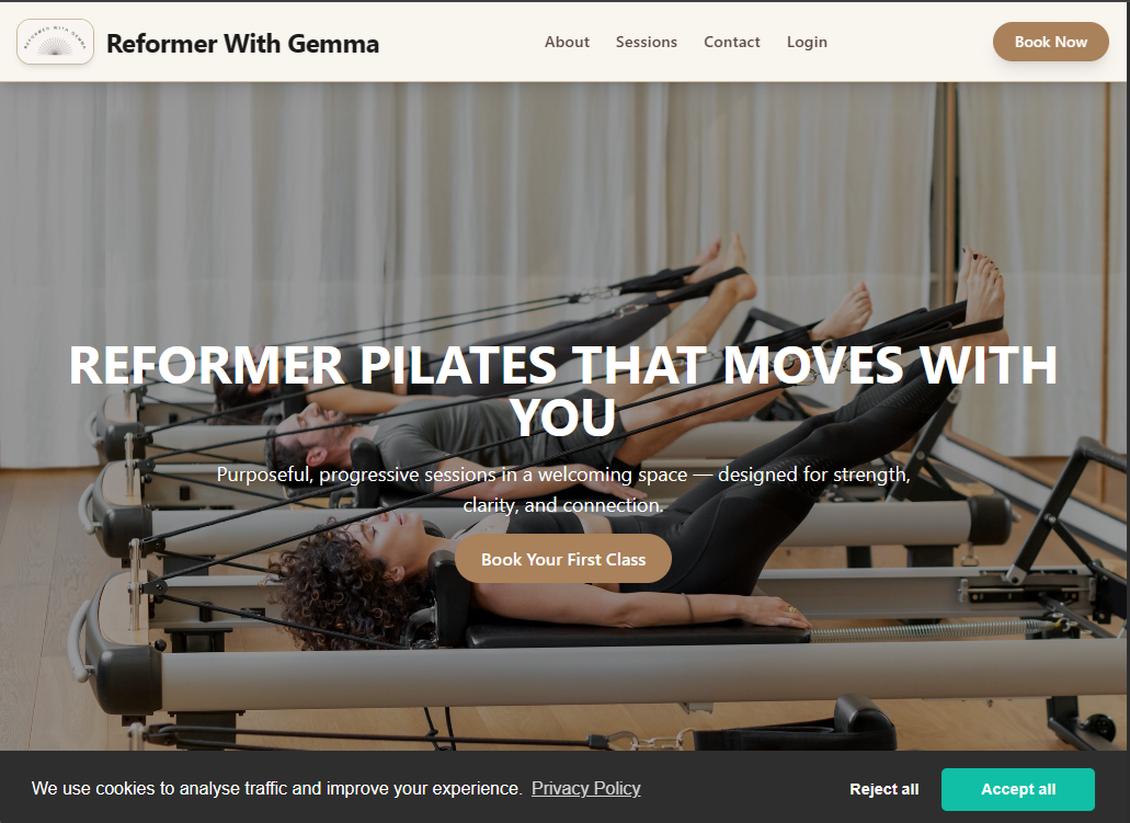 Reformer Pilates website, with booking system and user accounts.